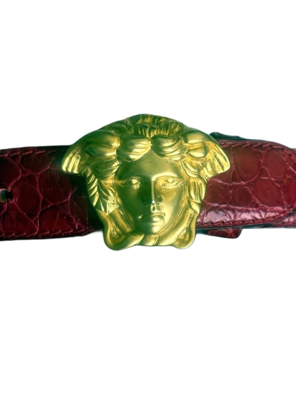Vintage Gianni Versace Red Crocodile Leather Medusa Belt Gold Buckle Italy